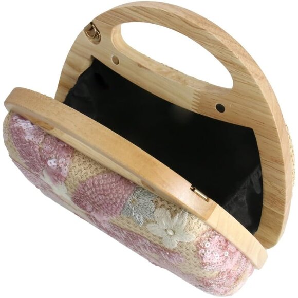 Pink Straw Clutch Handbag for Women Summer Evening Party Wedding with Removable - Picture 5 of 6